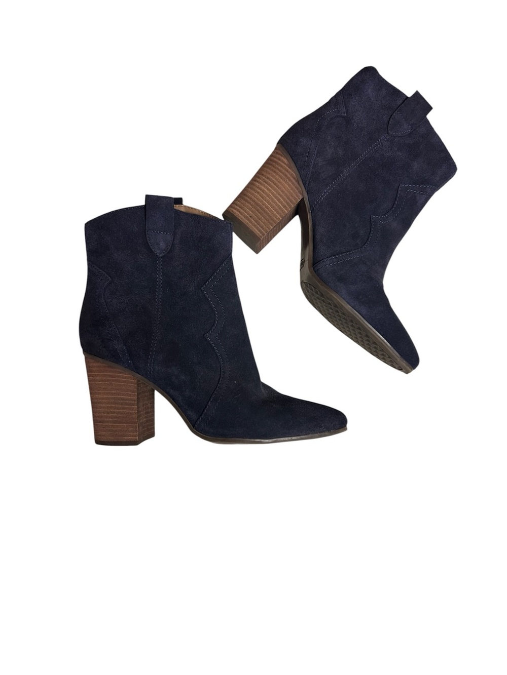 AEROSOLES Navy Suede Stacked Heel Ankle Booties